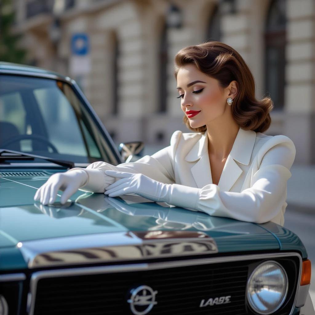 Image portrays luxury scene with woman in silk blouse and white gloves. She stands by LADA 1500 luxury Soviet car, lightly touching chrome emblem. Soft golden hour light accentuates details. Suggests elegance and sophistication in automotive context.