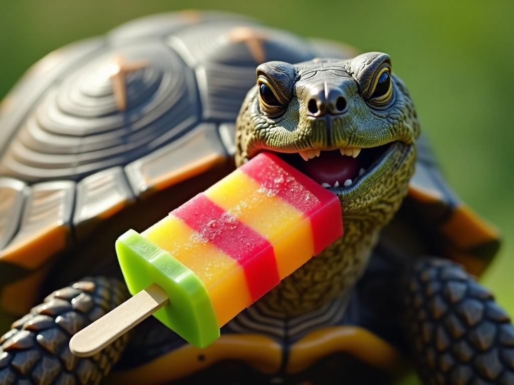 A realistic image of a turtle holding a colorful popsicle with its mouth, outdoors in bright lighting, focus on the popsicle and turtle's face, close-up perspective, humorous and playful atmosphere.