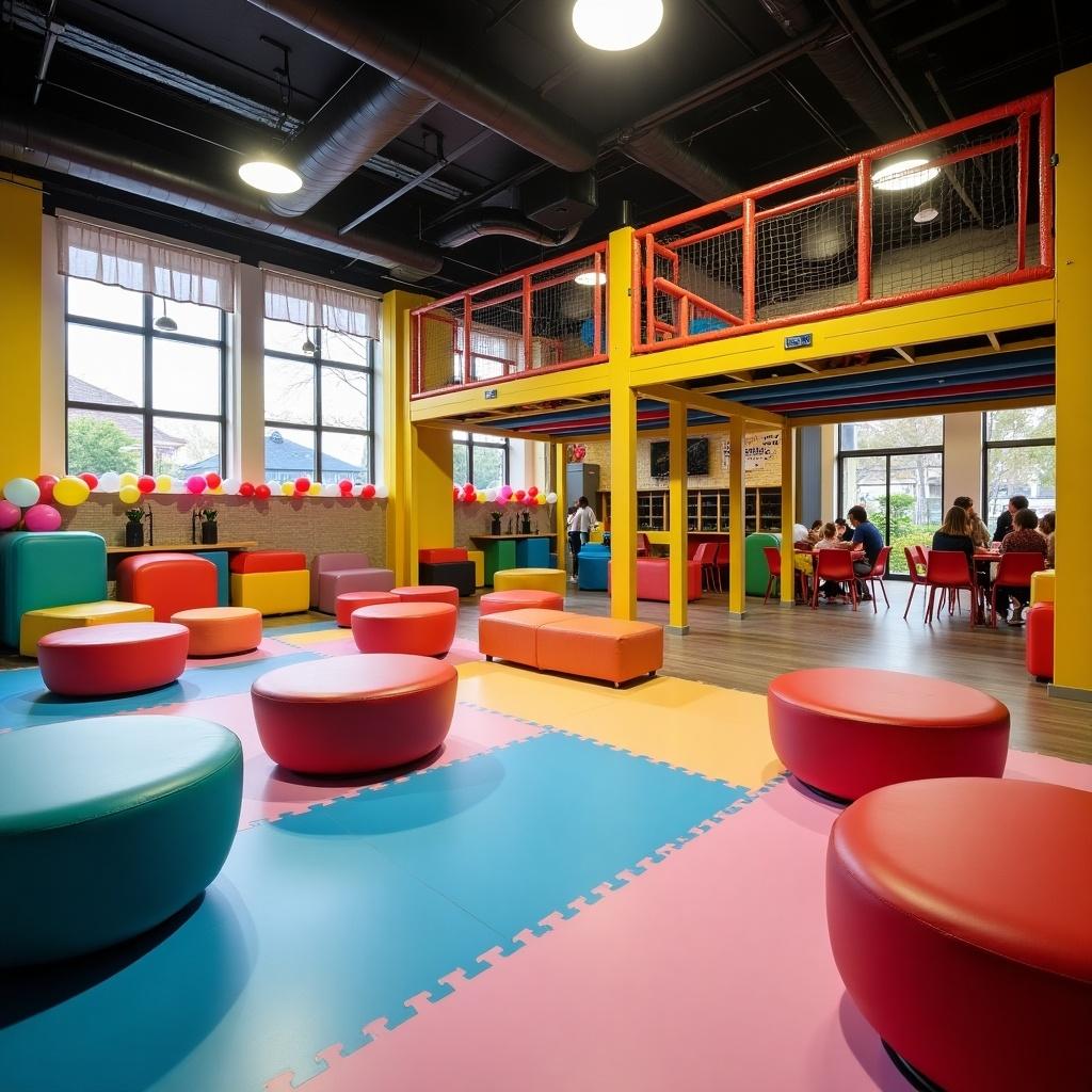 Indoor venue designed for kids events featuring a jungle gym. Colorful seating area with circular cushions. Craft activities corner and spacious party area for gatherings.