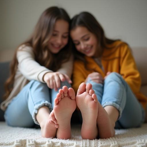 Two girls smiling while sitting closely. Each girl inspects the other's feet. They wear light jeans. A cozy atmosphere is portrayed. Wide angle shot focus on feet.