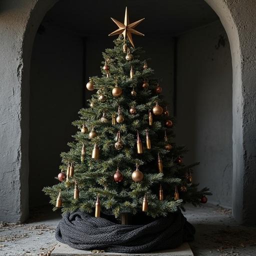 An unusual Christmas tree design. The tree is decorated only with bullet shells and artillery shards. A black scarf serves as a garland. The setting is a dark grey bunker.