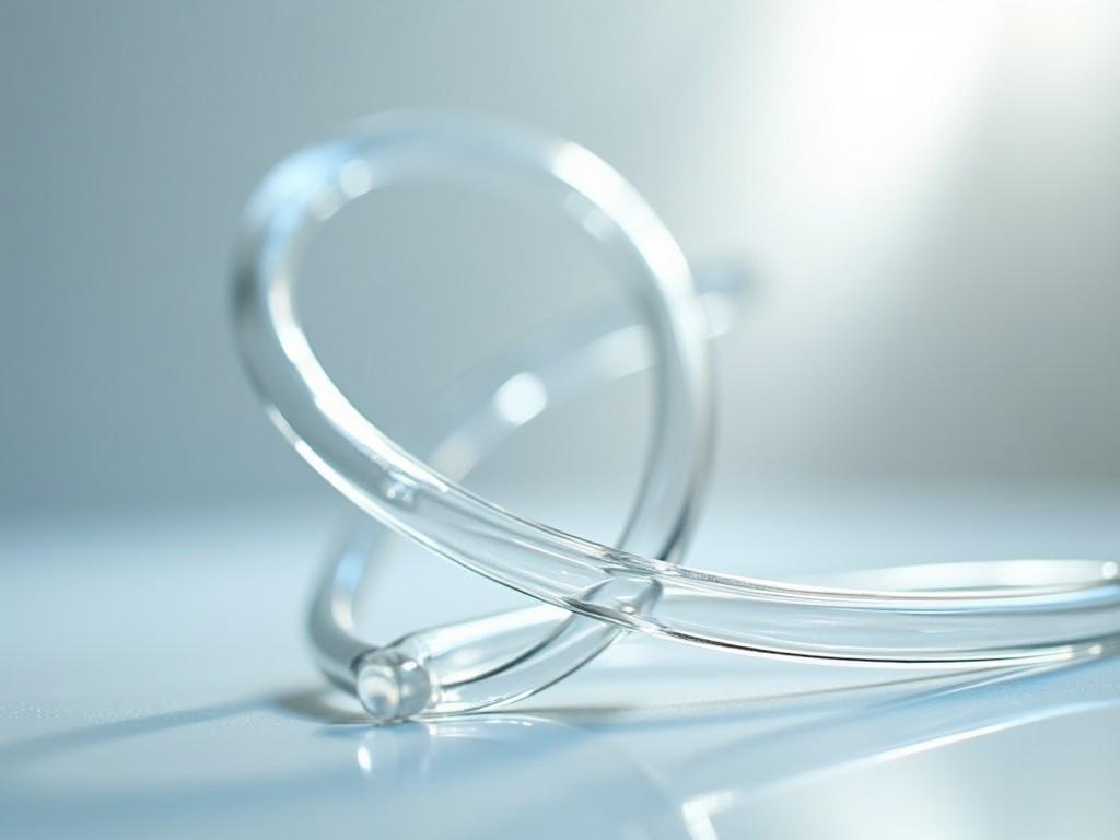 The image features a close-up of a transparent glass tube hose. The hose is elegantly curved, showcasing its flexibility and transparency. Soft, diffused lighting highlights the clarity and reflections on the surface. The background is minimalistic, enhancing the hose as the focal point. This composition emphasizes the design and application of glass materials in various industries.