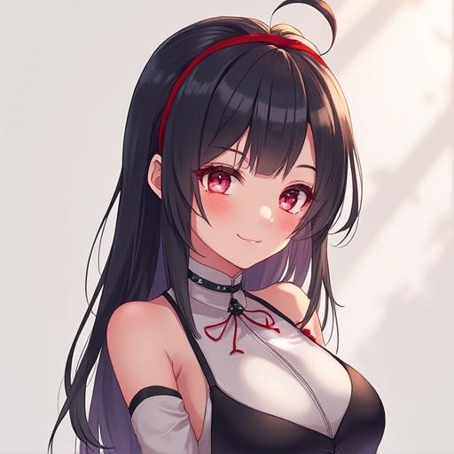 Anime-style AI girl with long black hair and red eyes. Character wears a black and white outfit with a red ribbon. Background is soft and blurred, focusing on the character's expression.