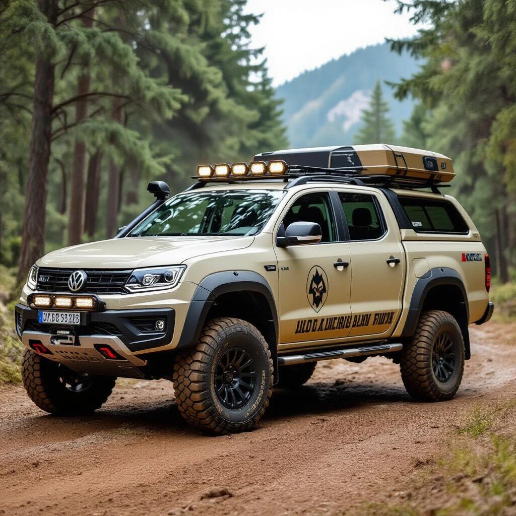 Expedition truck built on a Volkswagen delivery 4x4. Features a low polygon wolf logo with a beige gradient color scheme.