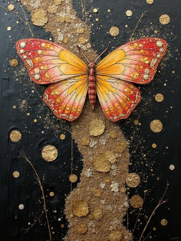 A vibrant butterfly with shades of red and orange occupies the center of a dark background. The texture includes elements like sand and glitter confetti. Mixed media techniques represent a rich surface feel. Composition appears multilayered with a magical essence. Use of thick paint creates depth. Focus on both beauty and texture.