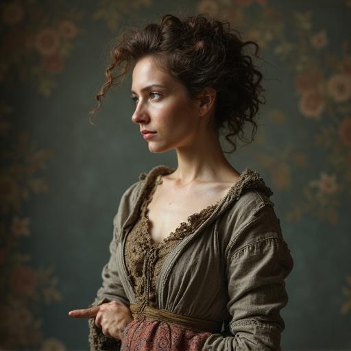 Young woman wearing old torn cloth with a thoughtful expression. The setting has soft, natural lighting and an earthy color palette.