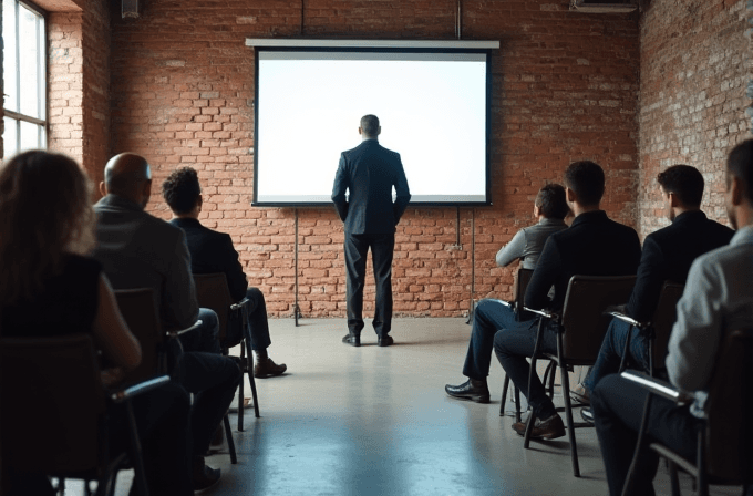 A man in a suit is giving a presentation to an audience seated in a room with brick walls.