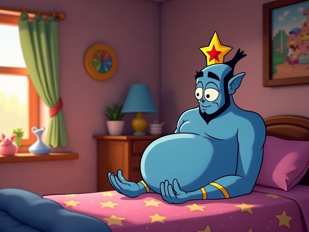 A cartoon genie character with blue skin and a star crown is sitting on a bed in a cozy bedroom. The room is decorated in soft colors with a window letting in natural sunlight. The genie is portrayed with a rounded belly, looking friendly and approachable. Various playful elements like stuffed toys and a colorful wall clock are present in the background. This whimsical scene captures the magic and fun associated with genie characters often found in animated shows.