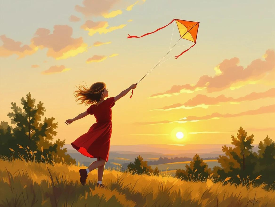 Oil painting depicts girl in red dress joyfully flying a kite on a hill during sunset. The wind blows through her hair. Background features trees and a warm glow of the sunset.