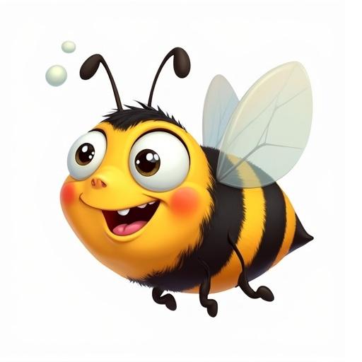 Plump round cartoon bee in flight with large expressive eyes. Body has black and yellow stripes. Small stubby legs and large translucent wings. Face has wrinkles and slightly open mouth showing small teeth. Three small puffs of air behind suggest movement. Vibrant detailed coloring.