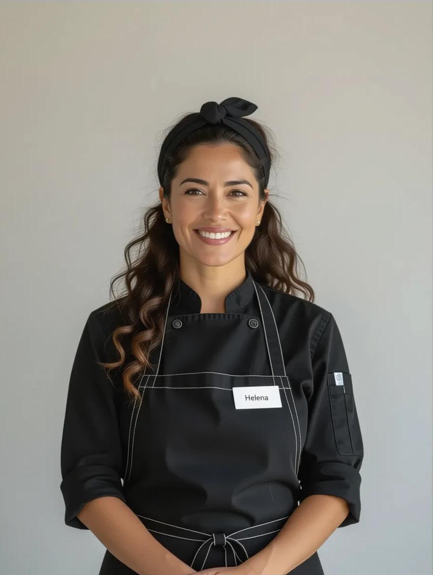 A Brazilian woman stands with a calm demeanor. She wears a black chef's shirt with long sleeves and a black apron. The apron has a name tag with 'Helena.' The background is a light-colored wall. Olive skin and long curly hair are tied with a black headband. This suggests a culinary setting. The photo is taken with natural lighting and soft shadows.