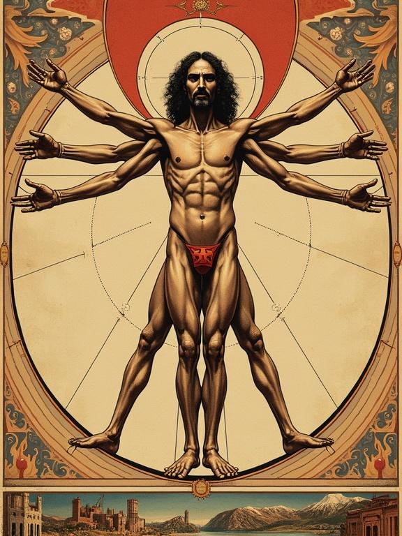 Interpretation of Leonardo Da Vinci's Vitruvian Man in the style of a Soviet poster with psychedelic influences. Central figure stretches arms and legs, showcasing human anatomy. Background with geometric shapes and vintage aesthetics.