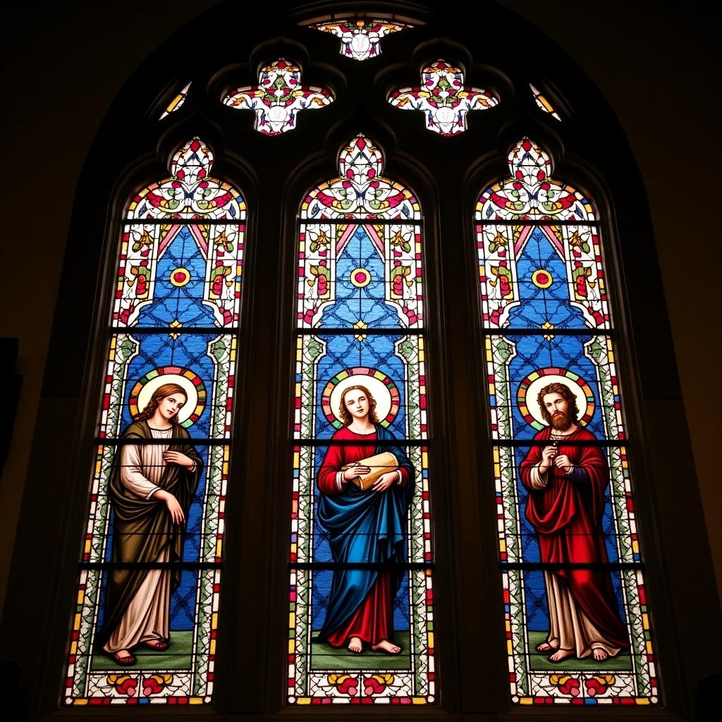 Stained glass windows in a church featuring religious figures. Images of Mary, Jesus, and St. John the Baptist depicted in rich colors. Light filters through the glass creating a vibrant display.