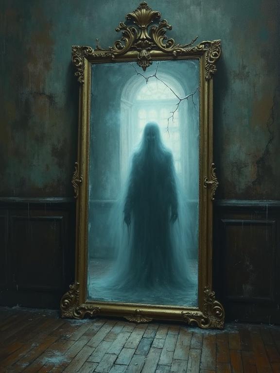 Oil painting shows glimpse of ghostly spirit made of smoke in ornate mirror inside abandoned gothic mansion. Ancient room feels tense with cracked walls and cobwebs. Unsettling aura from shadowy reflection hints at mystery in the air.