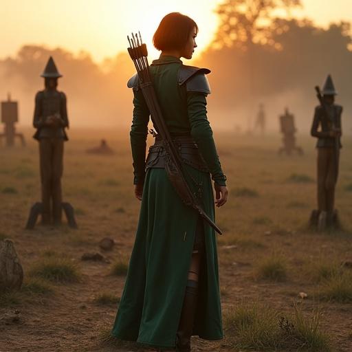 A female scout stands in a medieval fantasy training ground. She wears dark green fitted leather armor. A shortbow is slung over her back. Her hair is short and black. She has sharp calm eyes. The training ground features wooden dummies and archery targets. The scene is illuminated by sunset light. There are sparse trees and campfire smoke in the background. The composition is cinematic with high detail.