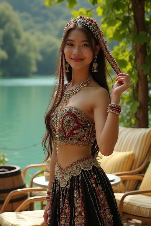 Young lady in a bohemian outfit by a riverside. The ensemble features a strapless crop top with rich embroidery and a high-slit skirt. Attire includes intricate jewelry and a gemstone headpiece. Natural makeup, long straight hair, and a warm smile. The background shows lush greenery and a calm river, with patio furniture.