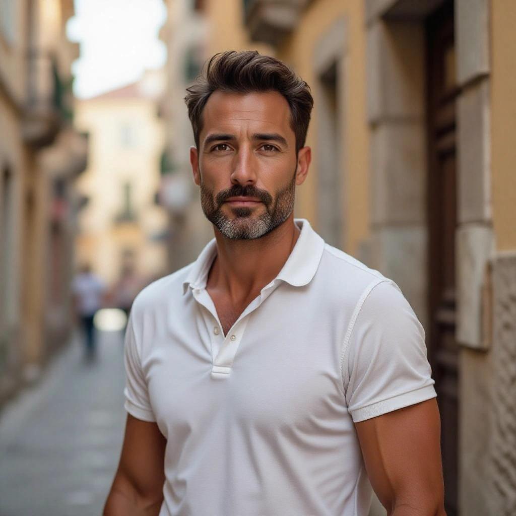 A Mediterranean man with an athletic body. He is 40 years old, 176 cm tall, and weighs 72 kg. Body has low fat with short, slightly receding dark hair and a clean beard. The face is oval with medium olive skin and brown or hazel eyes. He stands confidently in a casual urban outfit. Soft natural lighting enhances the image. Background is neutral. High resolution image.