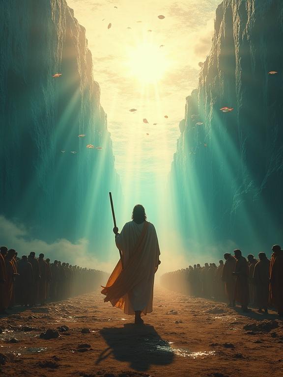 Wide-angle cinematic scene of Moses parting the Red Sea. Moses at center, gripping a wooden staff. His robes billow in divine wind. Expression is resolute. Massive crowd of Israelites behind him. Sea split into walls of water. Fish swim in illuminated waters. Golden light rays cut through mist. Rough path of exposed ground.