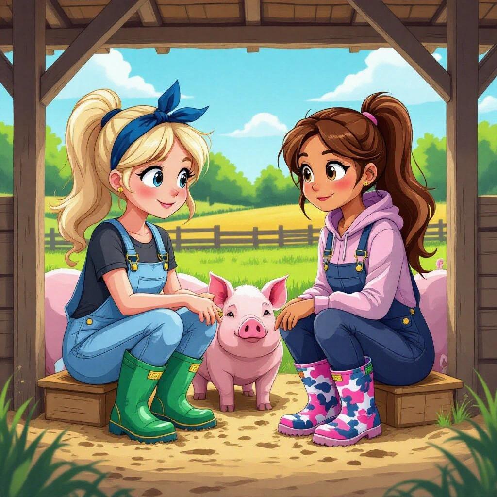 Two girls at a farm in a sty with a pig. One girl has blonde hair and wears a dark-blue hairband, dark-blue top, light-blue overalls, and dark-blue boots. The other girl has dark blonde hair in a ponytail, wears a gradient pink hoodie, navy-blue pants, and pink camouflage boots.