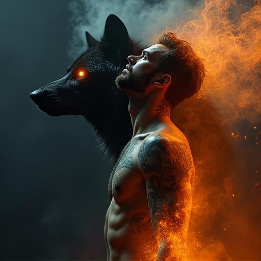 Cinematic album cover features artist in mid-transformation. Right side glowing orange. Tattoos disintegrate into swirling cloud of embers. Large black wolf's head emerges. Wolf has smoky fur and glowing orange eyes. Dark concert stage background. Style is photorealistic and fantasy VFX.