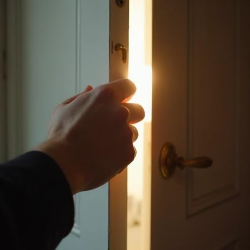 Close-up scene depicts hand gripping door handle. Door is ajar. Bright light spills out from behind door.