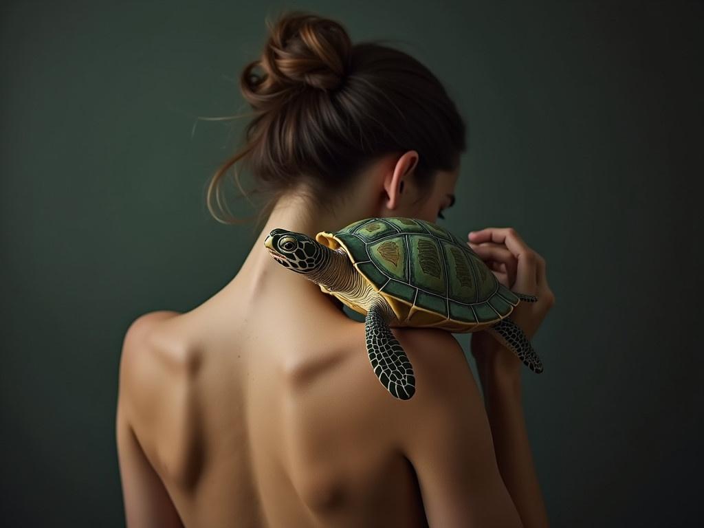 The image features a person with their back to the camera, showing their bare shoulders and part of their neck. They are holding a large turtle that appears to be artistically designed and painted. The turtle is positioned in a way that it looks like it is interacting with the person. The background is a deep, muted color, enhancing the focus on the figure and the turtle. There is a serene and intimate atmosphere in the scene, emphasizing the bond between the person and the turtle.