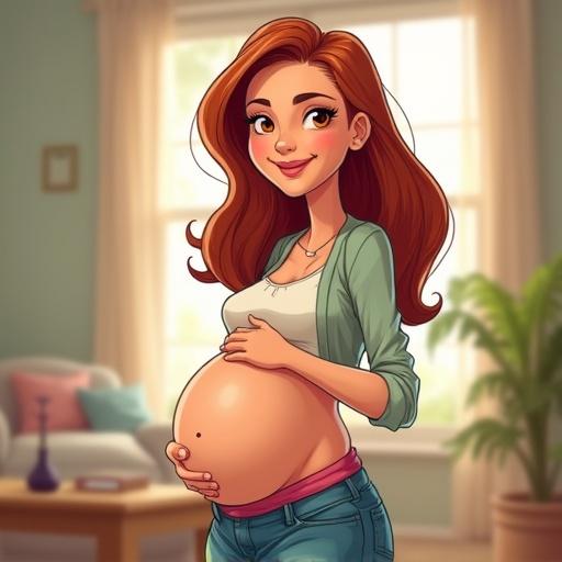 Cartoon character depicted as a pregnant female with a cheerful expression. Light indoor setting with casual clothing. Art style similar to Rik and Morty.