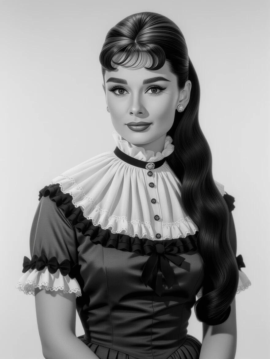 A black and white portrait shows a woman with long brunette hair styled elegantly. The woman wears a frilly Victorian dress adorned with a tall collar. Her makeup is striking with perfect eyebrows and false eyelashes. The setting is inspired by an old photograph.