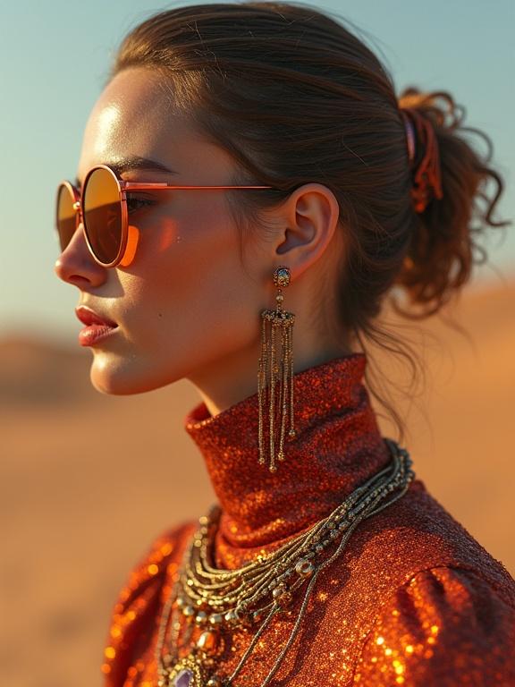 Fashion photography featuring a non-binary model. The model wears a kitsch outfit with extravagant jewelry. The setting reflects a fantastical, extraterrestrial theme. The photograph captures a dreamy aesthetic with warm lighting and a focus on textures and details.