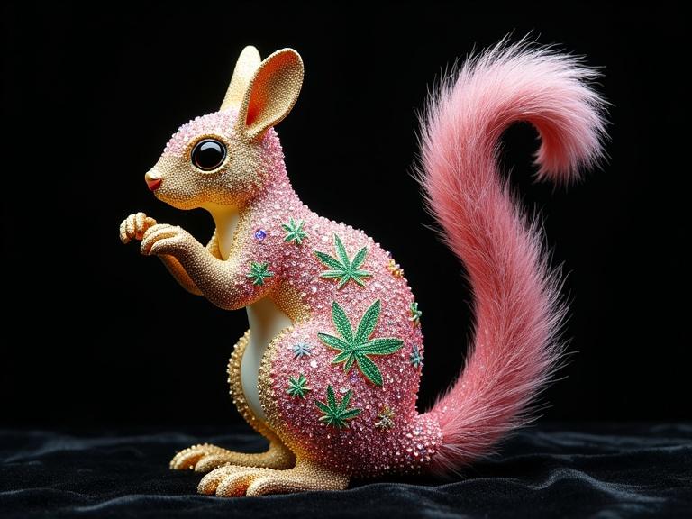 Majestic fantasy squirrel sculpture encrusted with multicolored Swarovski crystals. Glowing cannabis leaf patterns on fur and tail. Standing upright in playful pose. Dazzling gemstones in pink, green, gold, and violet. Sparkling in studio lighting. Highly detailed. Black velvet background. Surreal glamor. Hyperrealist style. Inspired by Fabergé and Jeff Koons.