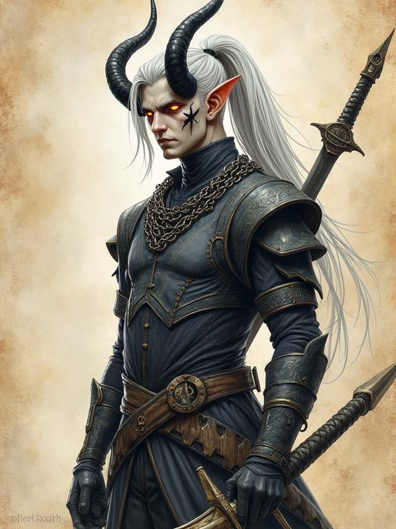 Imposing male tiefling character with ash-gray skin glowing amber eyes and long silver hair tied back. He has sleek black horns and scars on his cheekbones. Wears chainmail and platte pants. Holds a long sword. Background resembles ancient parchment. Arcane and fantasy influences in design.