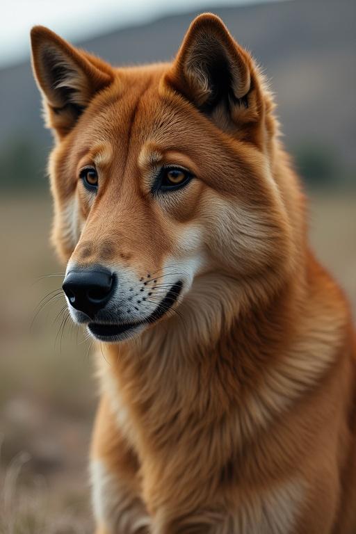 Close-up of a dog's face with expressive features. The dog has a thick brown fur coat and is positioned outdoors. Natural setting with soft light highlights the dog's fur and expression.