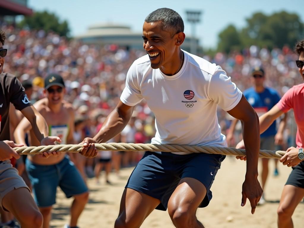 The image captures a lively tug-of-war scene at an outdoor event, with one main participant enthusiastically pulling the rope. The crowd in the background is blurred, highlighting the energy and excitement of the occasion. The participant wears a white athletic shirt with distinctive logos, embodying the spirit of teamwork and competition.