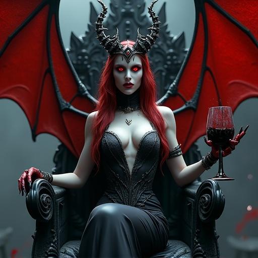 A hyper-realistic female demon queen with pale skin and glowing red eyes. She sits on a jagged obsidian throne with large crimson bat wings. Outfitted in a gothic dress with armor accents, she holds a black goblet filled with wine. Cold cinematic lighting creates a dark fantasy lair atmosphere. Seductive and malevolent expression with ultra-realistic detail.