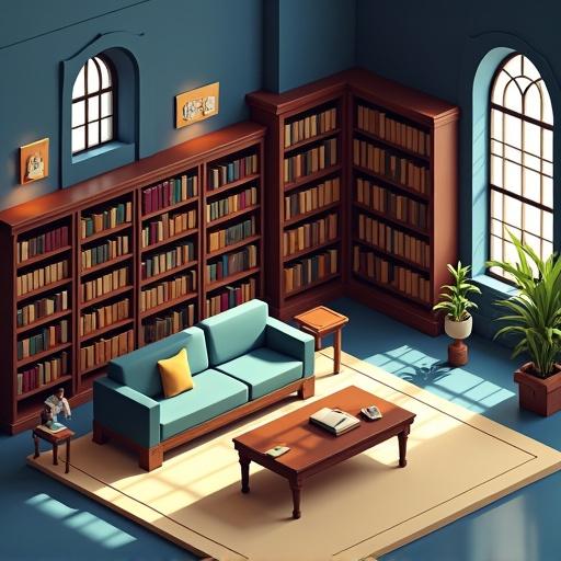 Library room presented in isometric view featuring a turquoise sofa and bookshelves filled with books. Golden brown and mindaro color palette creates a warm ambiance with bright realistic lighting from large windows.