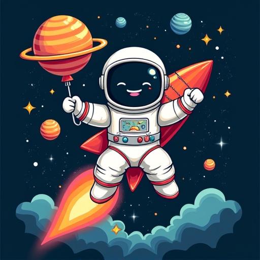 Cheerful astronaut soaring through space holding planet balloons and riding a rocket. Surrounded by stars and colorful cosmic bodies against a dark background. Ideal for casual outings and expressing space exploration.