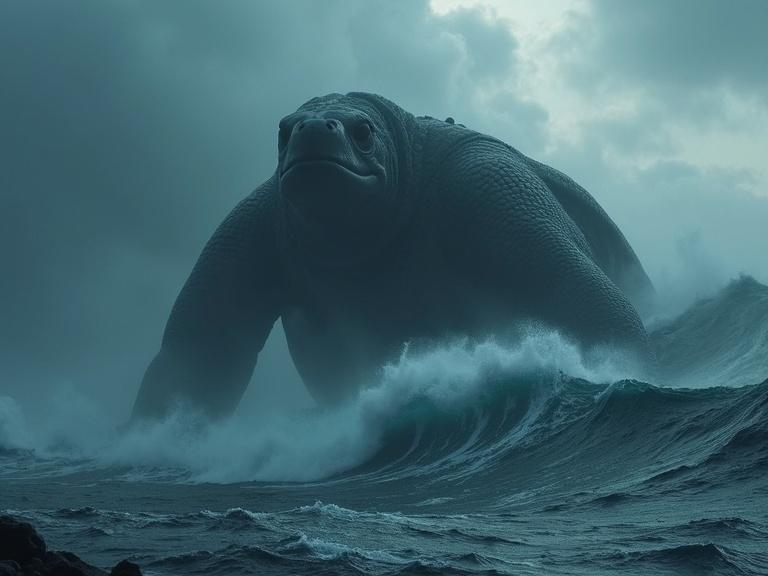 dark cinematic scene with a colossal creature partially emerging from a turbulent ocean during a storm