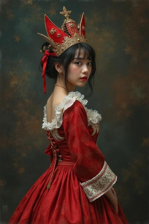A young woman stands gracefully in a regal red dress with intricate details. She wears a beautifully adorned crown and gazes back over her shoulder. The background is softly blended with warm tones, enhancing her elegance.