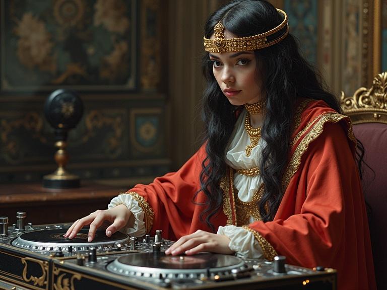A young woman in elaborate ancient attire DJing on turntables. Elements of Ludwig van Beethoven and Cleopatra in a hyperrealistic art style. Rich colors and intricate details.