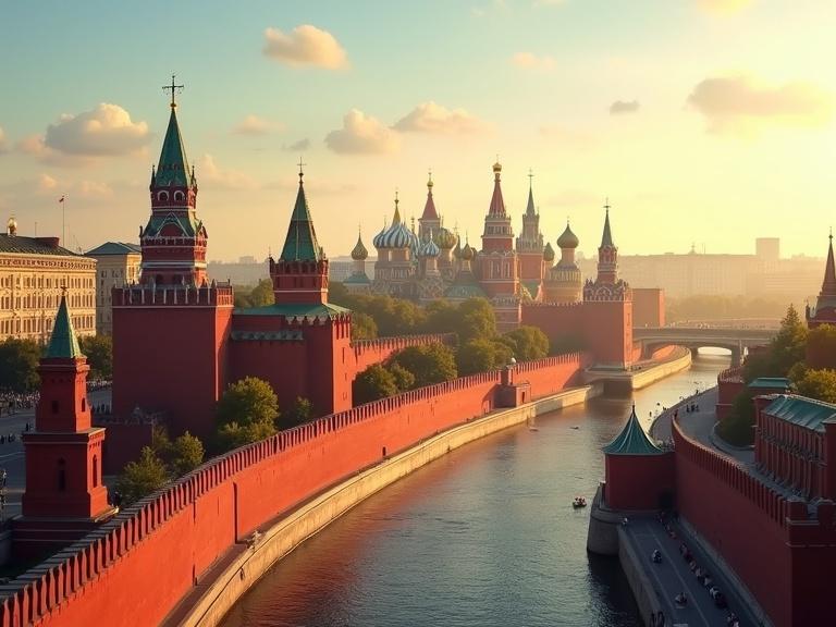 A stunning view of the Kremlin in Moscow. Red walls and intricate architecture are sharply focused. Detailed domes spires and towers visible. Scene is bathed in warm sunlight creating an atmospheric feel. Clear sky with soft clouds adds depth to the background. The grandeur and historical significance of the Kremlin captured with vibrant colors.