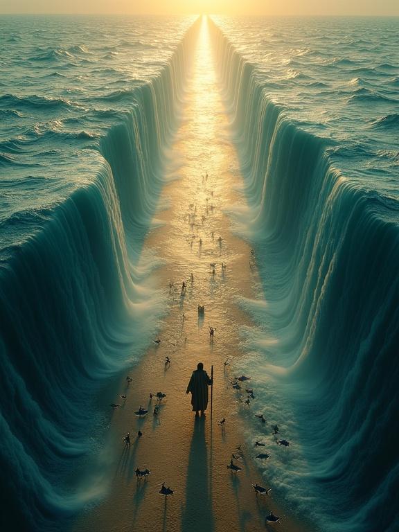 Top-down view of Moses parting the Red Sea. Symmetrical corridor of dry seabed through the parted sea. Moses stands with a wooden staff, illuminated by light. Enormous vertical water streams shaped like waves. Graceful fish swim in the transparent water. Israelites walk behind Moses. Muddy seabed with puddles. Golden rays from the sky. Divine atmosphere with glowing highlights.