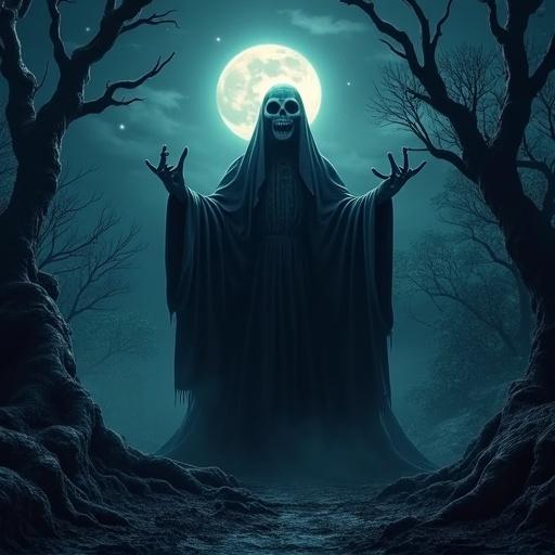 Realistic depiction of the Lich from Adventure Time Evil laugh Scary atmosphere Moonlit night