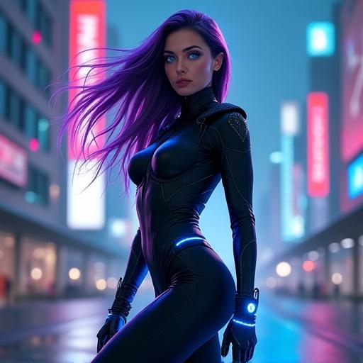 Create a striking female superhero in a futuristic urban environment. She has blue eyes and purple hair. Her sleek black suit glows with blue lights. The city background features neon lights. Wind flowing through her long hair emphasizes her strength and determination. She embodies power and confidence in this vibrant scene.