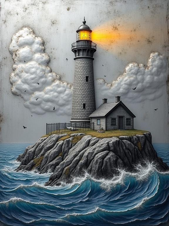 A 3D engraving on a polished stainless steel plate depicts a lighthouse. The lighthouse has a brick texture and a glowing yellow beacon. Waves crash against the rocks below. Soft clouds are engraved in the sky. The scene has a slightly aged patina for a historical feel.