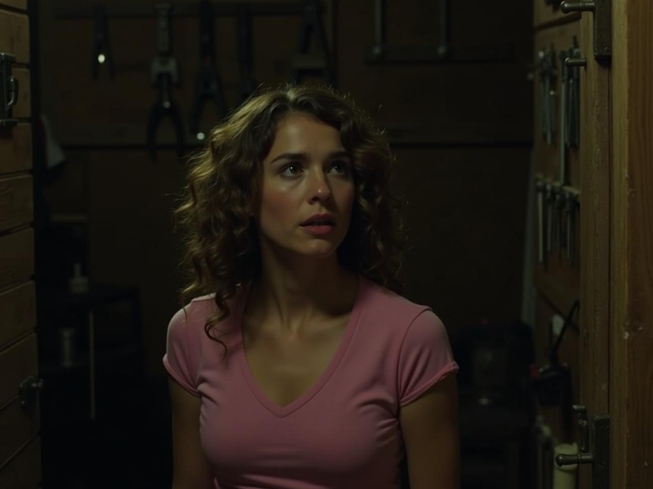 A young woman stands in a dimly lit room filled with rustic wooden panels. She has curly hair and looks surprised or concerned. She is wearing a pink top and appears to be in a moment of realization or shock. There are tools and objects in the background that suggest a storage or workshop space. The atmosphere is tense and mysterious, creating a sense of drama in the scene. The lighting adds to the mood, highlighting her expression.