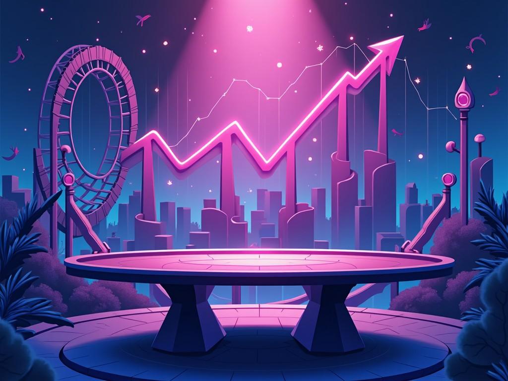 The image showcases a stunning digital art piece featuring a prominent upward trend graph rendered in vibrant purple and blue tones. Centered on a modern table, the graph symbolizes financial growth and market success, capturing the essence of trading. Surrounding elements include futuristic city silhouettes and a whimsical rollercoaster, adding to the atmosphere of excitement and ambition. Soft pink lighting casts an enchanting glow, enhancing the overall aesthetic. The design embodies themes of achievement and strategic risk-taking, appealing to aspiring and seasoned traders alike.