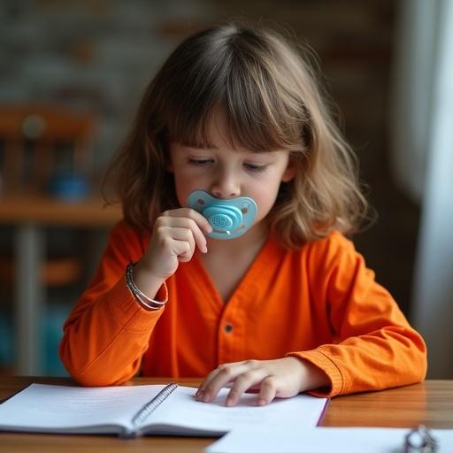 10 year old boy does homework at home wearing an orange jumpsuit. Handcuffs on wrists. Long hair visible. Table with notebook in front of him. Supportive mother nearby. Natural lighting from window.