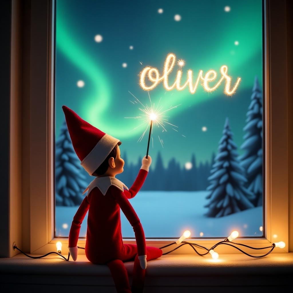 This enchanting image features an elf on the shelf sitting on a window sill, dressed in a classic red outfit with white trim. He gazes up at the night sky, using a wand that creates the word 'Oliver' in sparkling light. Outside the window, a magical Christmas landscape is visible, complete with glowing northern lights and snow-covered trees. Soft Christmas lights adorn the window sill, enhancing the cozy atmosphere of the scene. The image evokes feelings of wonder and embodies the holiday spirit.