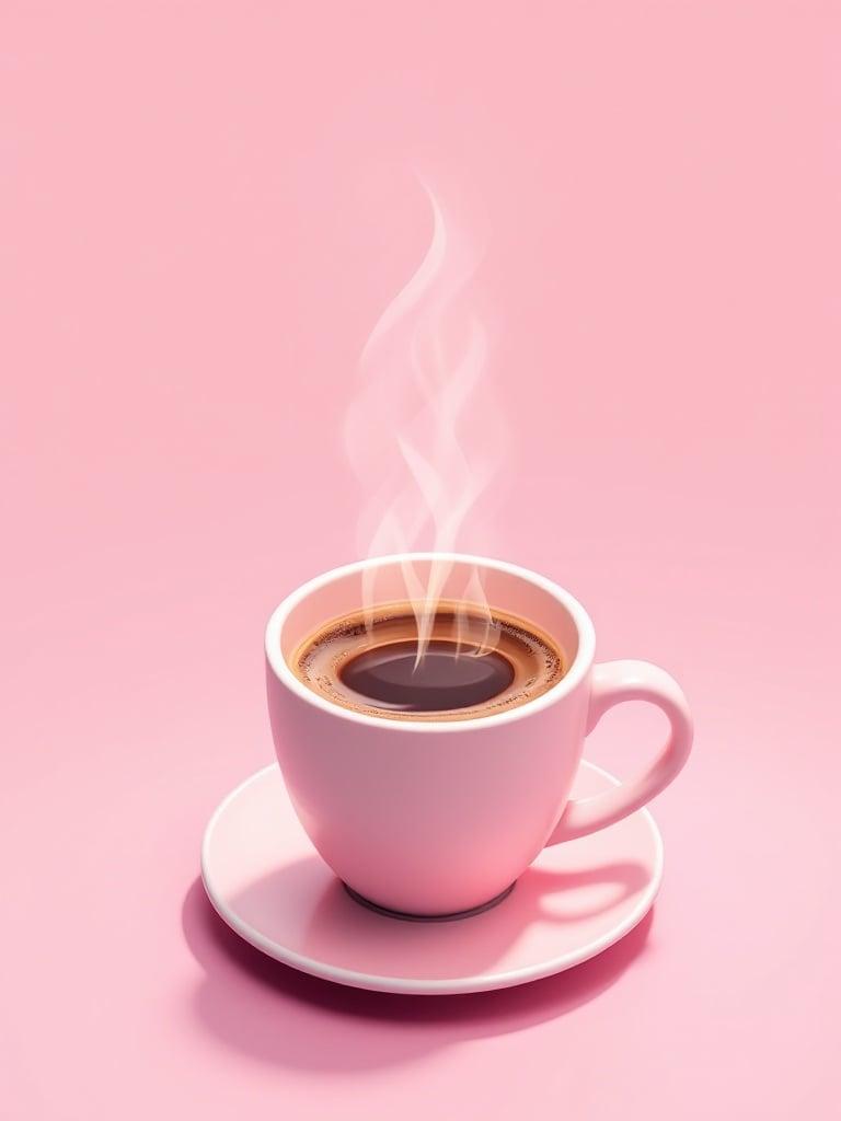 Isometric art depicts a steaming cup of coffee. Coffee sits on a simple pink saucer. Background is a minimalist pink. The steam creates an inviting atmosphere. Atmosphere feels creative and dreamy. Color palette evokes summer feelings.