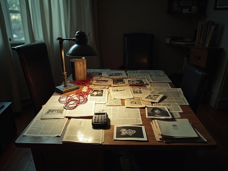 A cluttered desk in a dark room. The desk is covered with newspaper clippings, photographs, and red string connecting various points. The setting evokes a sense of obsession and mystery.